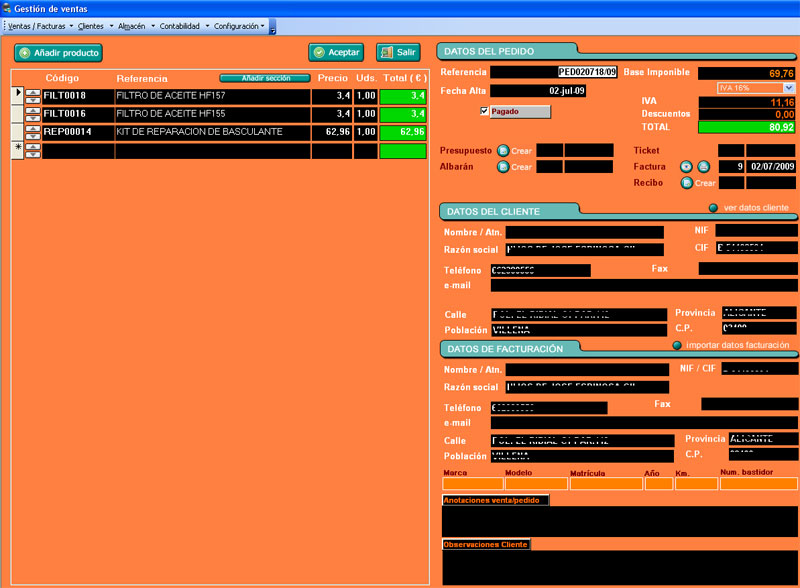 Captura pantalla seccin gestin pedidos, facturas y tickets del software facturacin de CDMAP Consultores