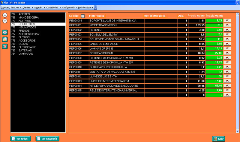 Captura pantalla seccin gestin productos y categoras del software facturacin de CDMAP Consultores