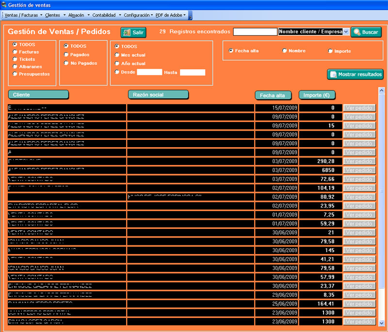 Captura pantalla seccin gestin ventas y pedidos del software de facturacin de CDMAP Consultores